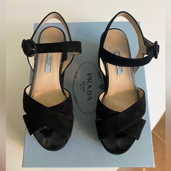 black suede Prada platform sandals - Picture 1 of 4